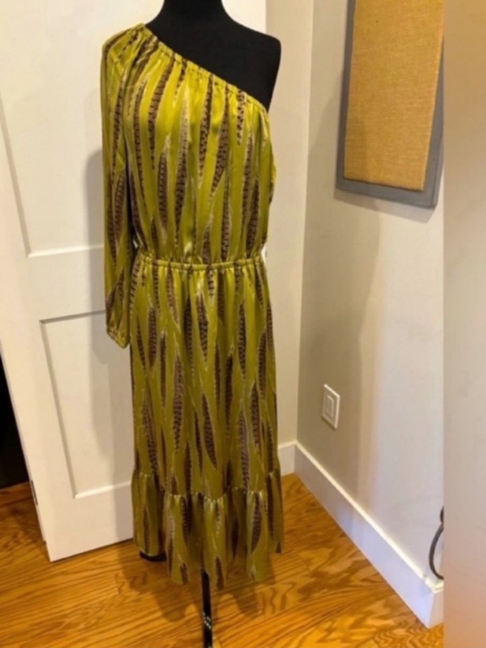 MICHAEL Michael Kors NEW One Shoulder Maxi Dress Olive Feather Women L Bohemian